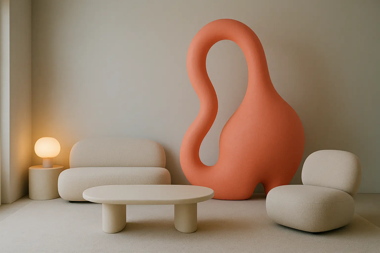 Soft fog interior with a coral sculptural form